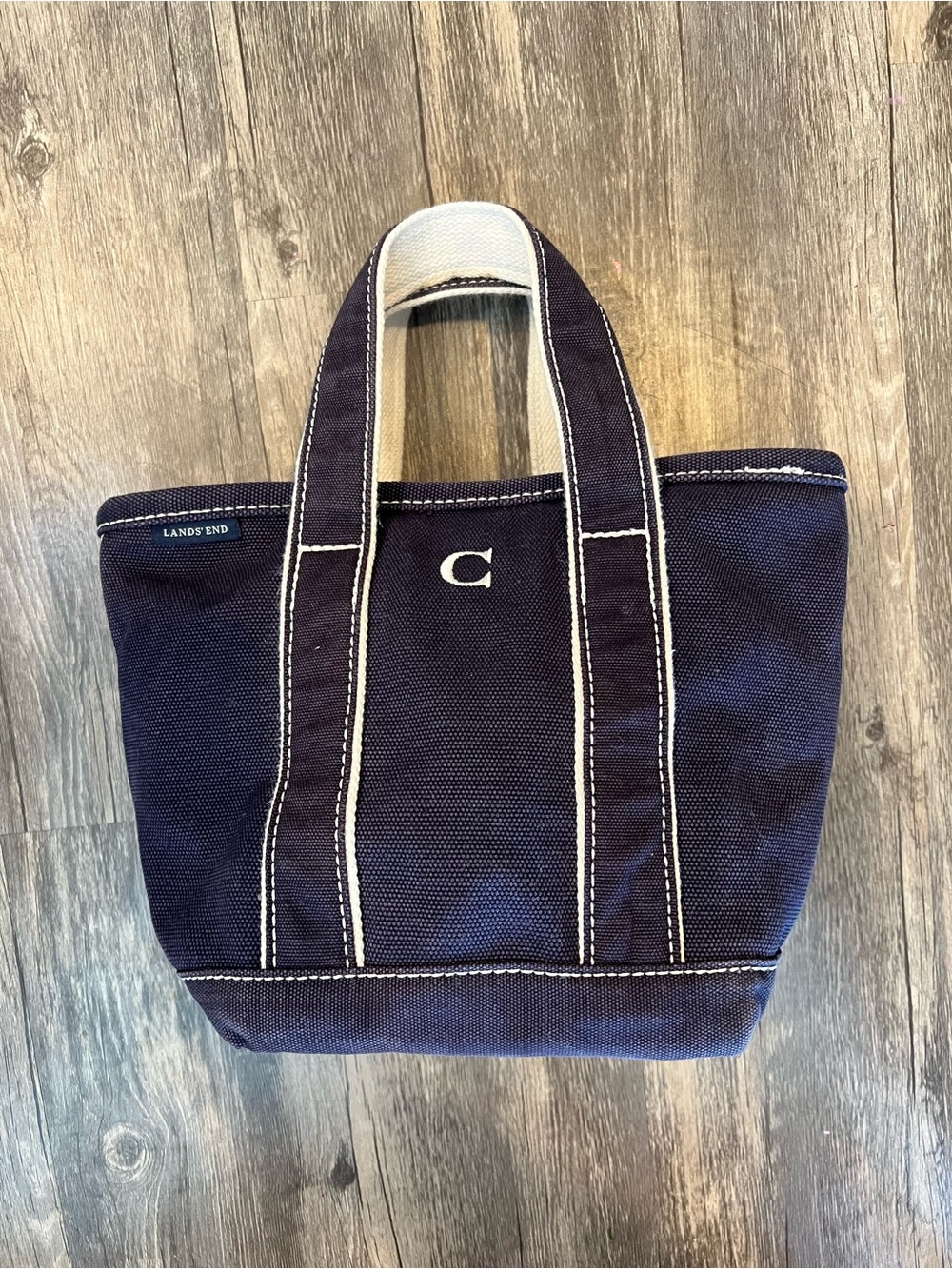 Lands End Vintage 90s Canvas Mini Tote Bag Navy Embroidered C Boat Tote Zippered